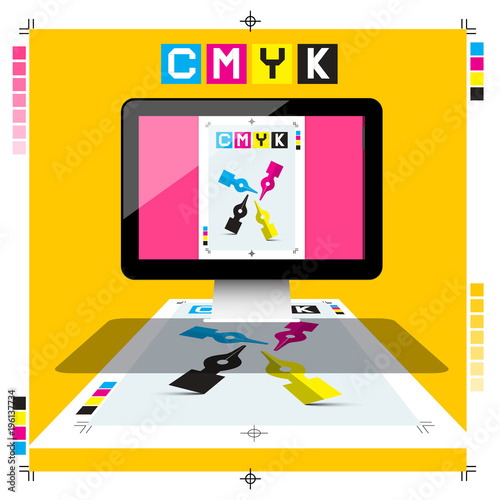 CMYK Printing Document on PC Computer with Marks - Vector DTP Symbol