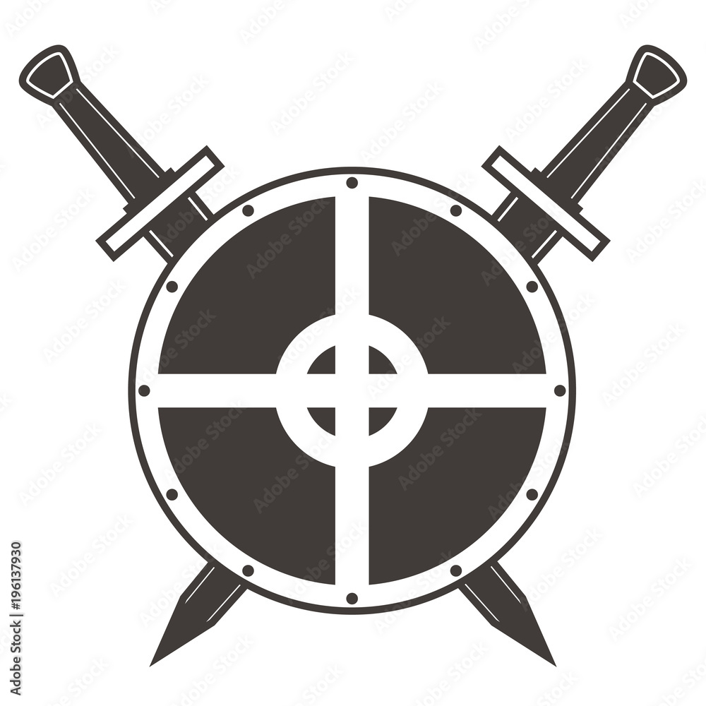 Weapon and armor military equipment of soldiers. Scandinavian medieval shield crossed swords. An icon for the website. Crusader's board.Concept design tattoo. Flat vector.Ancient antiquarian weapon. Weapon and armor military equipment of soldiers. Scandinavian medieval shield crossed swords. An icon for the website. Crusader's board.Concept design tattoo. Flat vector.Ancient antiquarian weapon.