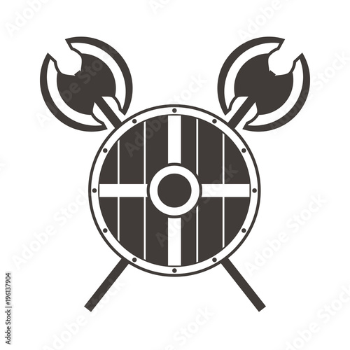 Weapon and armor military equipment of soldiers. Scandinavian medieval shield crossed pole-axe.Icon for website.Concept design tattoo. Flat vector. Fighting axe.Ancient antiquarian weapon.