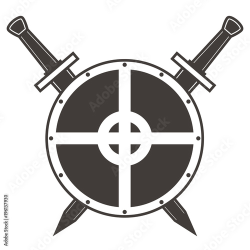 Weapon and armor military equipment of soldiers. Scandinavian medieval shield crossed swords. An icon for the website. Crusader's board.Concept design tattoo. Flat vector.Ancient antiquarian weapon.