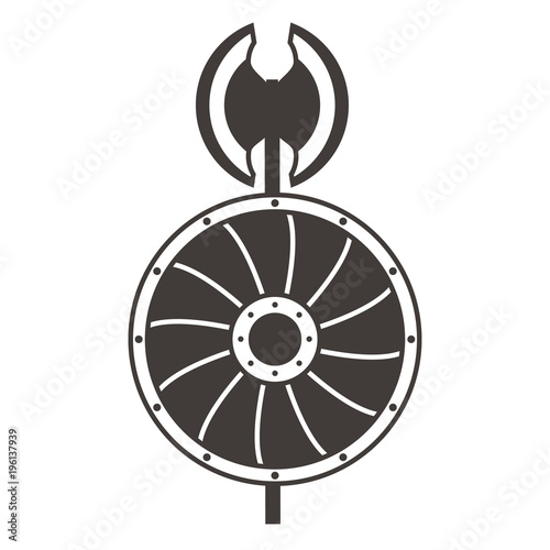 Weapon and armor military equipment of soldiers. Scandinavian medieval shield crossed pole-axe.Icon for website.Concept design tattoo. Flat vector. Fighting axe.Ancient antiquarian weapon.