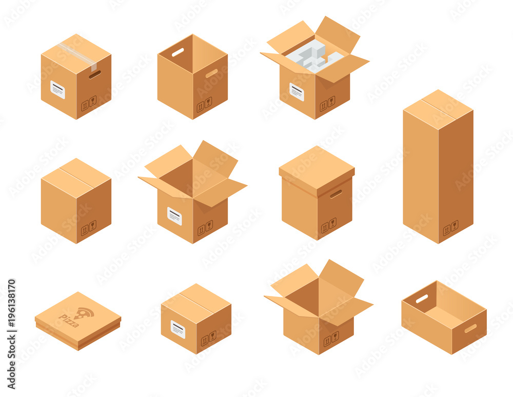 Vecteur Stock Carton packaging boxes set. Isometric view. Different size  and format. Closed and open packages on white background. | Adobe Stock