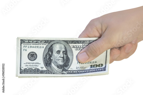 Hundred dollar bills in hand. Giving american money cash, isolated on white