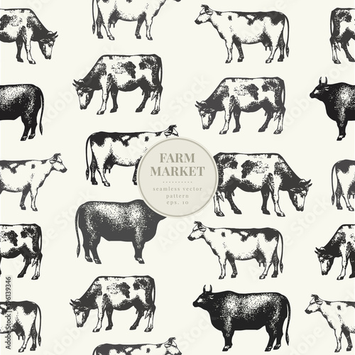 Seamless farm vector pattern. Graphical cow silhouette, hand drawn vintage illustrations. Retro farm animals background.