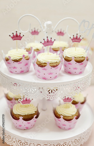 Birthday party candy bar. Weeding desserts. Exquisite food. Cupcakes, muffins, lollipops, macarons, waffles, princess pink theme party. Fun and joy. Children party time decor