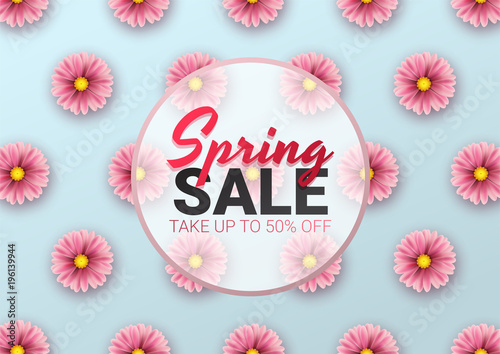 Spring sale floral advertizing poster, board. Banner with realistic flowers. Vector illustration