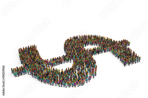 People gathered together in the shape of a dollar sign on white background. 3D illustration.