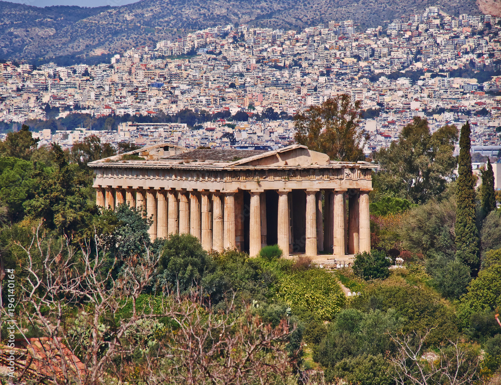 Greece, Hephaestus (Vulcan) temple and Athens cityscape