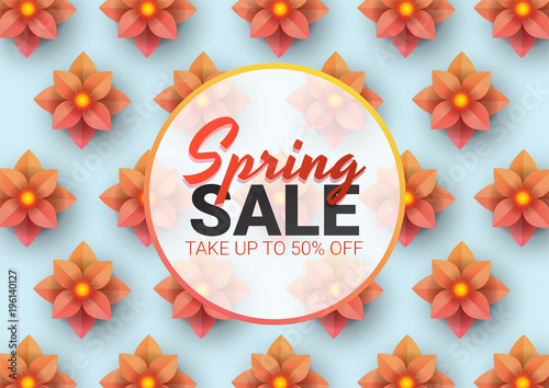 Spring sale floral advertizing poster, board. Banner with paper flowers. Vector illustration