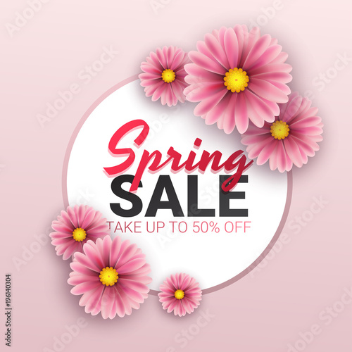 Fototapeta Naklejka Na Ścianę i Meble -  Spring sale floral advertizing poster, board. Banner with realistic flowers. Vector illustration