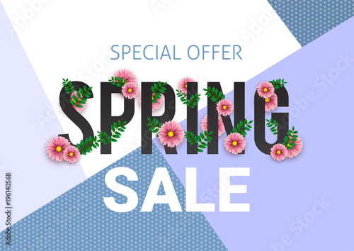 Spring sale floral advertizing poster, board. Banner with realistic flowers. Vector illustration