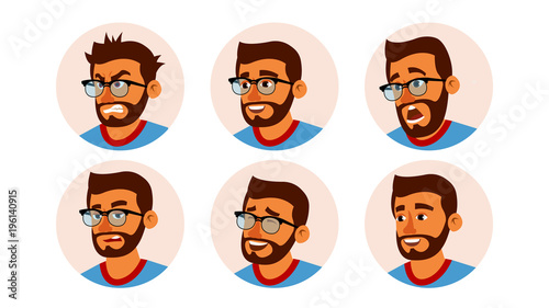 Hindu Character Business People Avatar Vector. Bearded Man Face, Emotions Set. Creative Avatar Placeholder. Cartoon, Comic Art Illustration