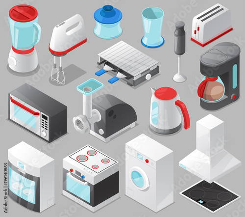 Household appliances vector kitchen homeappliance for house set cooker or washing machine in electric shop and microwave in appliancestore isometric illustration isolated on background