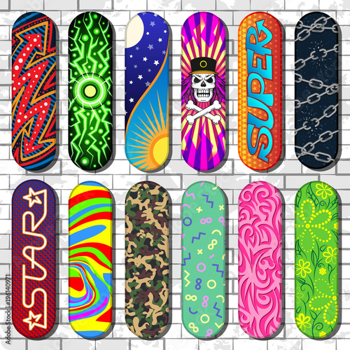 Skateboard vector skateboarders board for skateboarding jumps on springboard in skatepark set skating tools illustration isolated on background