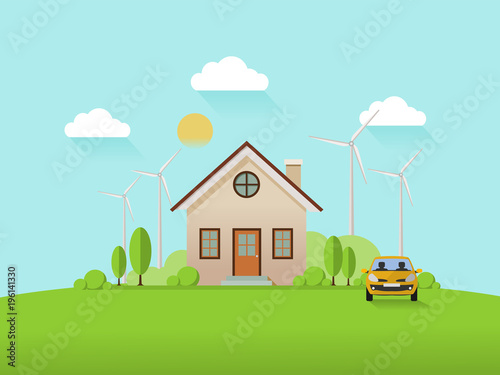 house with wind turbine and smart car. Flat vector illustration.