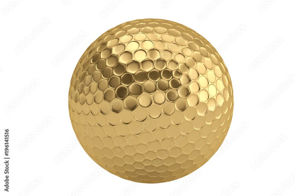 Golden golf ball isolatedon white background. 3D illustration. Stock