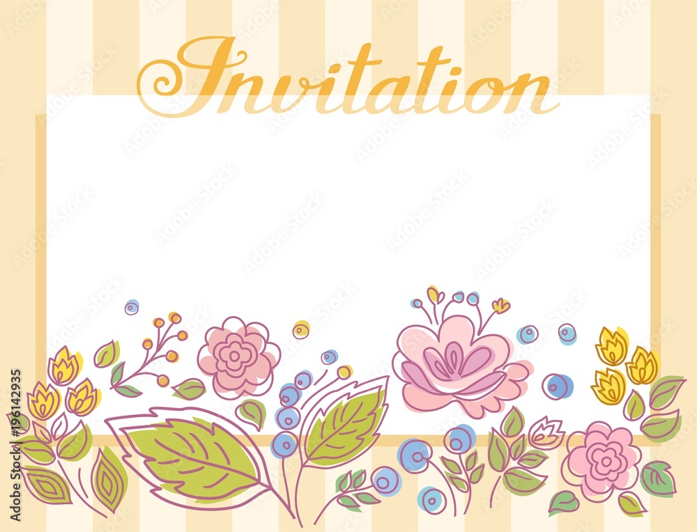Invitation, frame with flowers, yellow stripes, vector.Yellow striped card. Colored twigs with berries and flowers. Vector picture. The inscription in English.  
