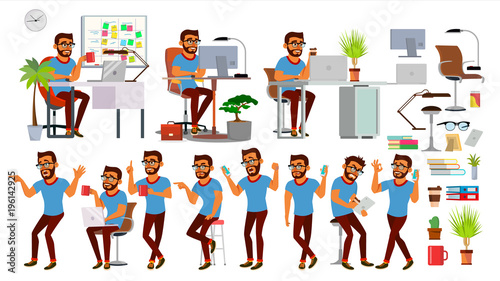 Business Man Character Vector. Working Hindu People Set. Office, Creative Studio. Bearded. Business Situation. Software Development. Programmer. Poses, Emotions. Cartoon Character Illustration