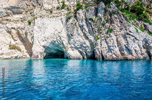 Blue caves on Zakynthos island, Greece. Sea, cave and mountains in Greece