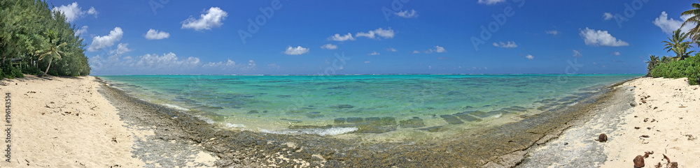 Panoramic landscape view of Titikaveka Beach in Rarotonga Cook Islands Panoramic landscape view of Titikaveka Beach in Rarotonga Cook Islands
