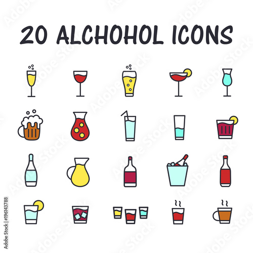 Set of alcohol icons for web or mobile app. Cartoon bar icons. Thin line buttons for internet. Flat style