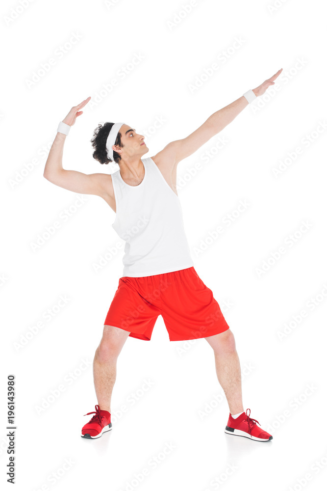 Profile of young thin sportsman doing exercise isolated on white Profile of young thin sportsman doing exercise isolated on white
