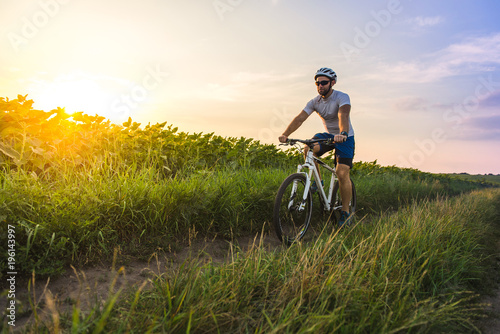 male cyclist riding a bicycle between fields in summer at sunset