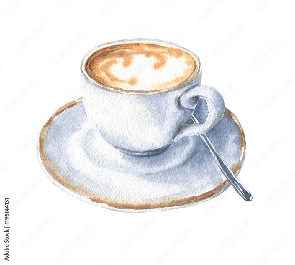 Watercolor coffee cup with saucer, hand drawn drink illustration