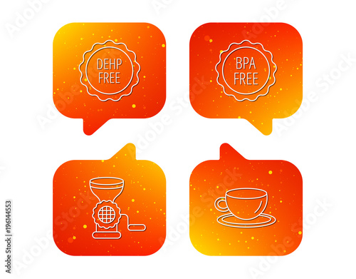 Coffee cup, meat grinder and BPA free icons.