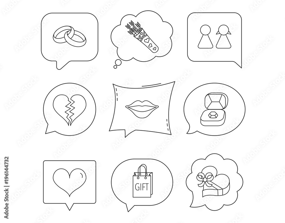 Love heart, kiss and wedding rings icons.