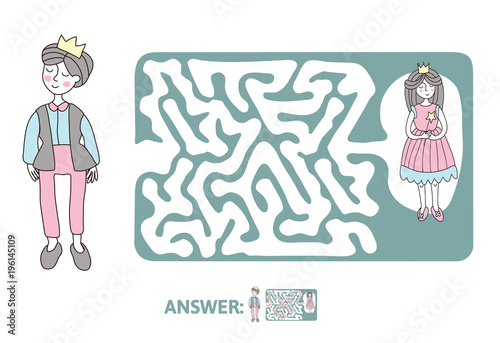 Children's maze with Prince and Princess. Cute puzzle game for kids, vector labyrinth illustration.
