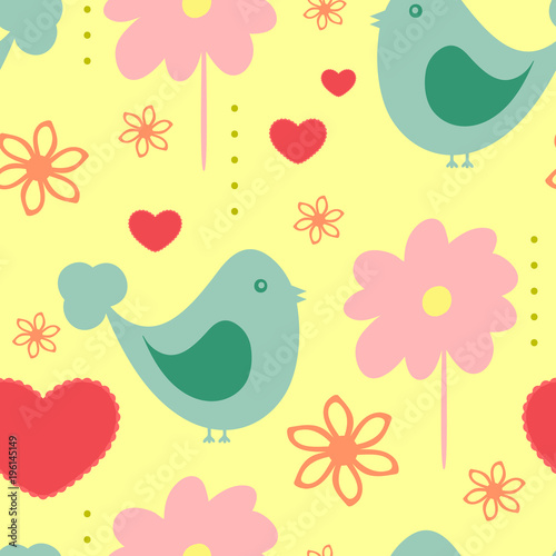 Cute seamless pattern with abstract birds, flowers and hearts. Drawn by hand. Endless print for children.