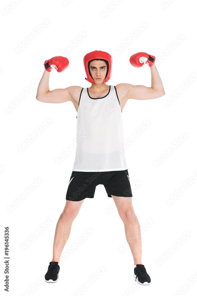 Thin boxer in helmet and gloves showing muscles isolated on white