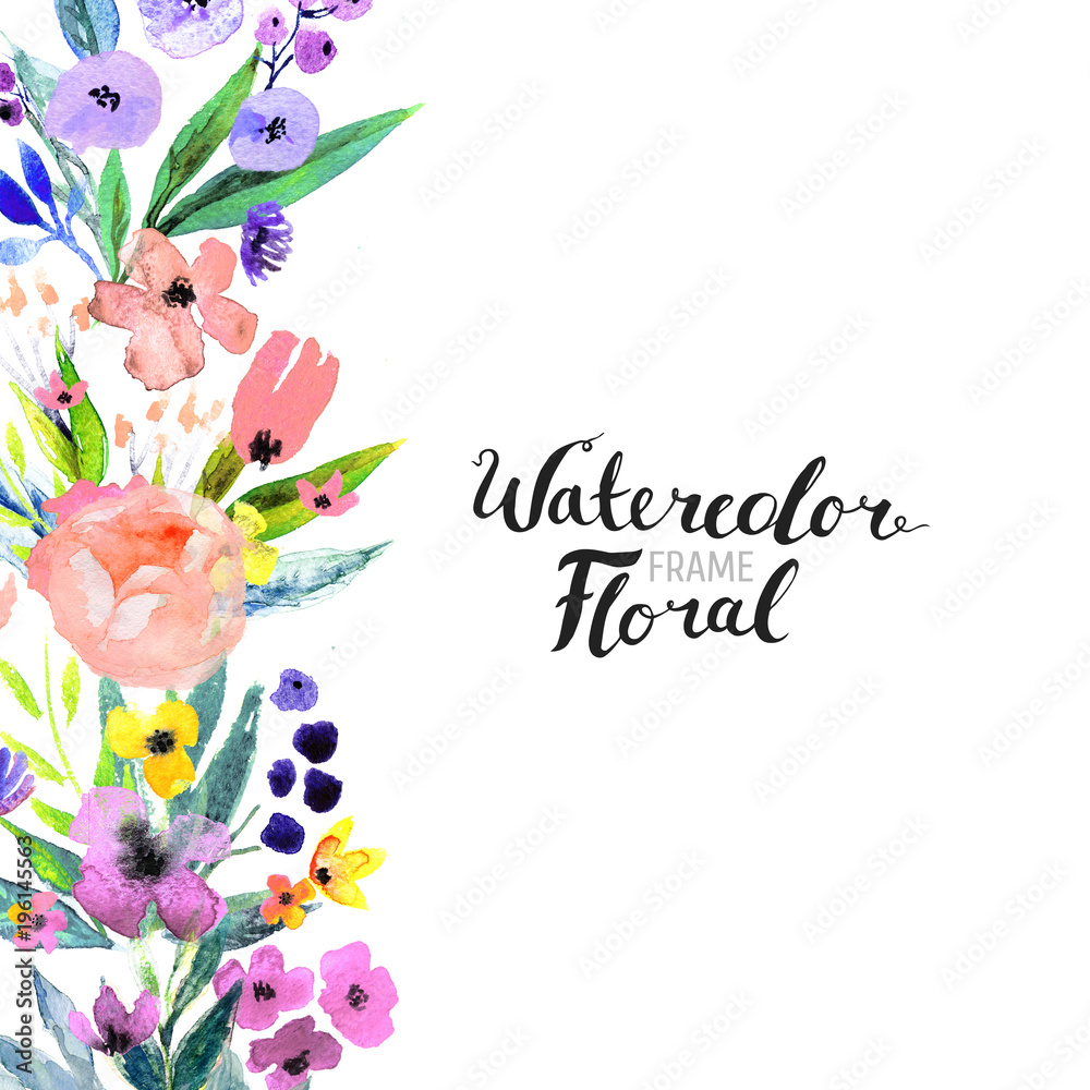 Watercolor Floral Background. Hand painted border of flowers. Good for invitations and greeting cards. Rose, poppy and peony illustration Spring blossom