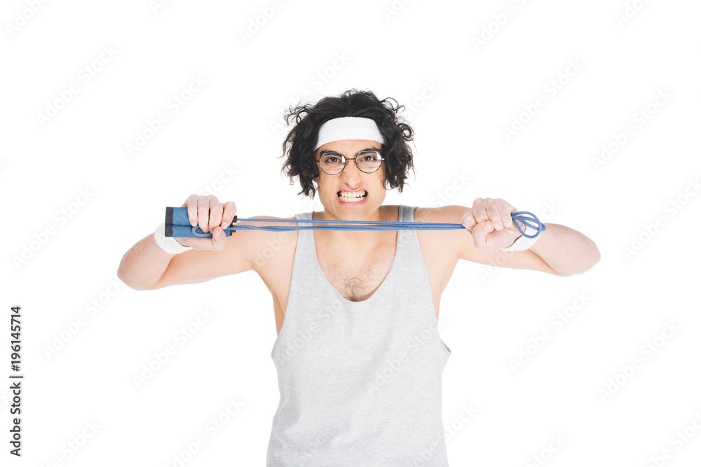 Thin sportsman in eyeglasses holding jump rope in hands isolated on white Thin sportsman in eyeglasses holding jump rope in hands isolated on white