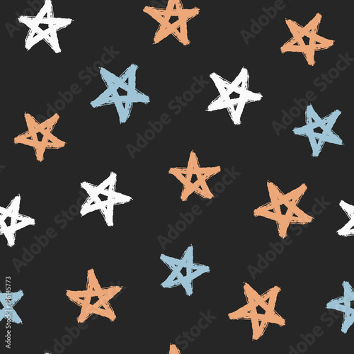 Randomly scattered stars painted with rough brush. Colorful seamless pattern. Grunge, watercolour, sketch, graffiti.