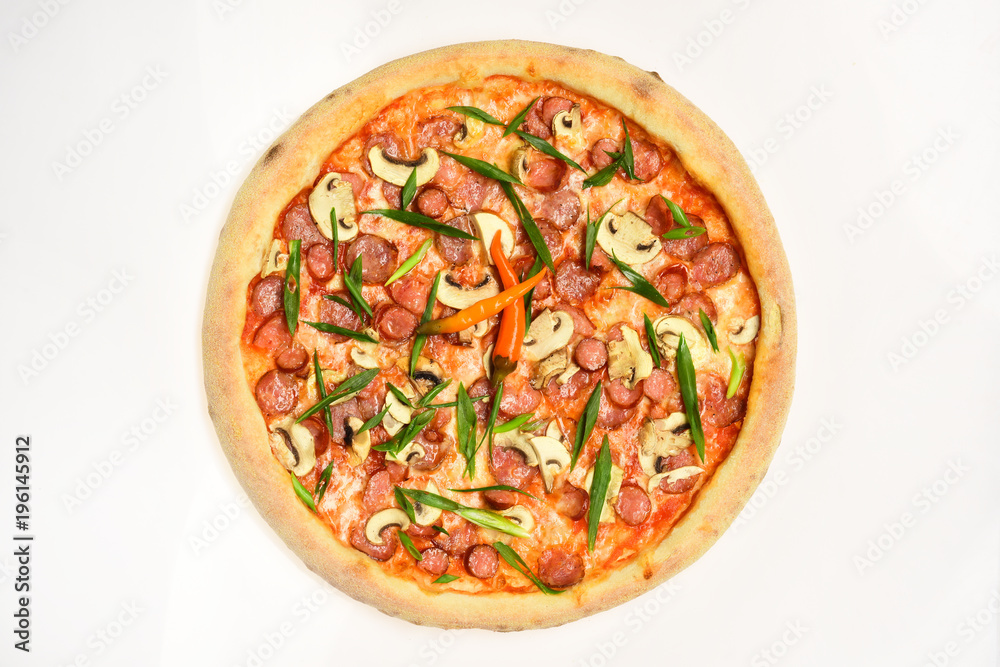 Pizza with sausages, mushrooms and green onions