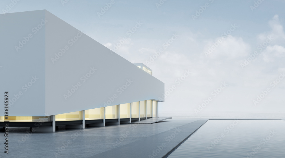 3D rendering of modern architecture with warm interior lighting and minimal pool on mountain background,Concept of design architectural.	 - obrazy, fototapety, plakaty 