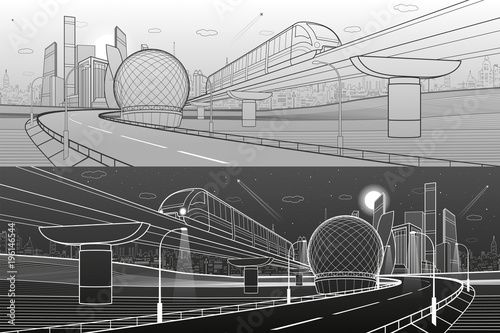 Monorail railway and illuminated highway. Transportation urban illustration set. Skyline modern city at background. Business buildings. Night town. Black and white lines. Vector design art