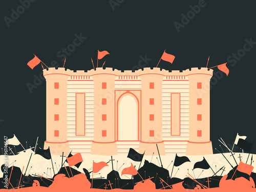 Bastille fortress. The battle for the castle. Medieval battlefield. Flags, swords, spears and arrows. Vector illustration photo