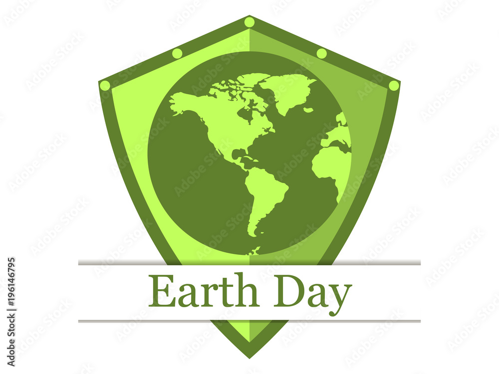 Earth shield, continents, earth day banner, green color. Protection of nature and ecology. Vector illustration