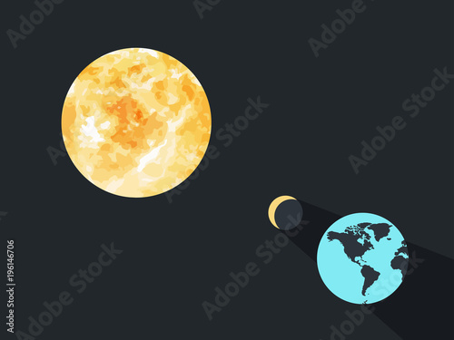 Solar eclipse. The moon closes the planet earth from the sun's rays. Vector illustration