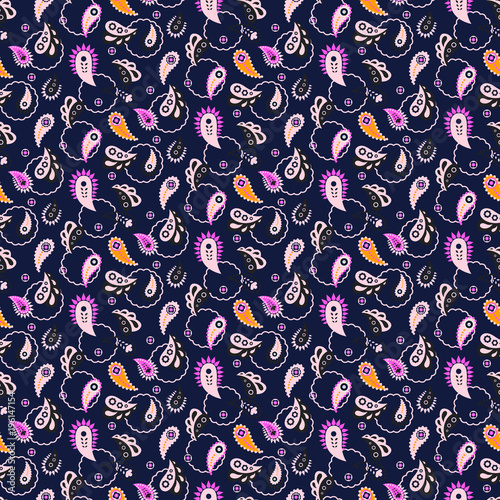 Paisley indian purple pink seamless vector pattern.