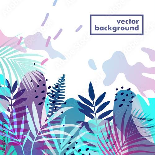 Tropical background in trendy style with palm leaves and memphis elements. Vector illustration for banner, greeting card, poster and advertising.