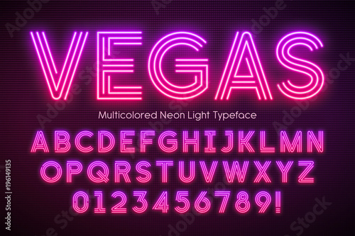 Neon light alphabet, multicolored extra glowing font photo