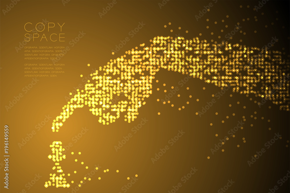 Fototapeta premium Abstract Geometric Circle dot pattern Hand move pawn chess shape, concept design gold color illustration isolated on brown gradient background with copy space, vector eps 10
