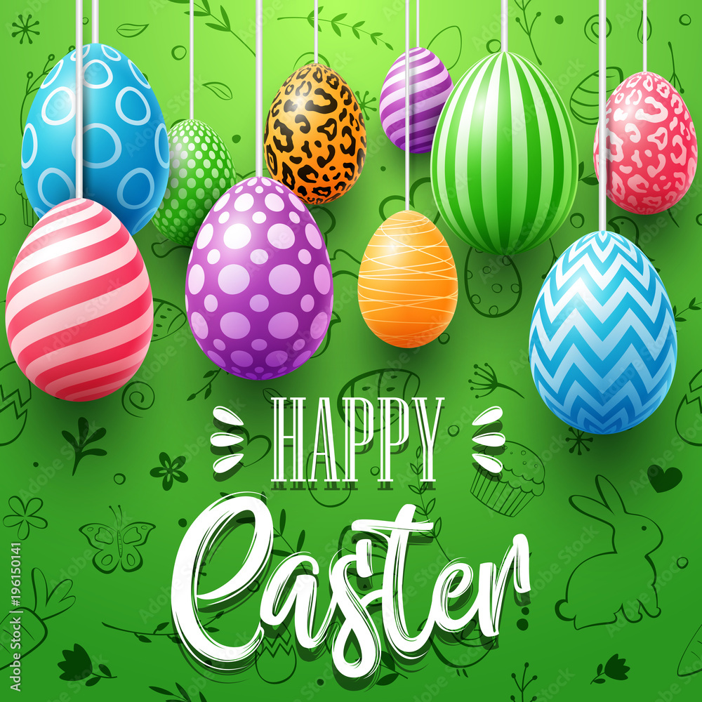 Colorful easter eggs decorated on green background