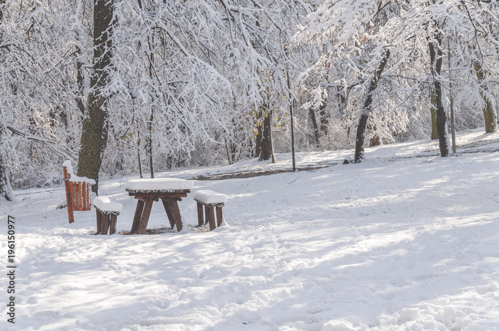 Wooden table and bench with recycle bin in the forest winter season Wooden table and bench with recycle bin in the forest winter season