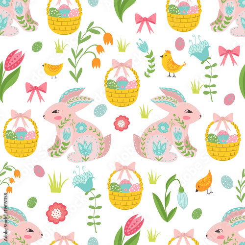 Fototapeta Naklejka Na Ścianę i Meble -  Easter concept seamless pattern. Cute rabbits and chicken in flowers. Seamless pattern.