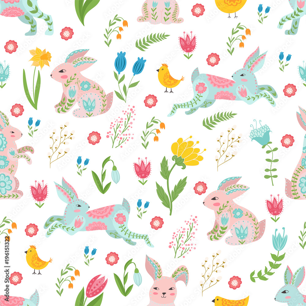 Easter concept seamless pattern. Cute rabbits and chicken in flowers. Seamless pattern.